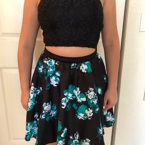 Black Lace and Floral Two-Piece Homecoming Dress